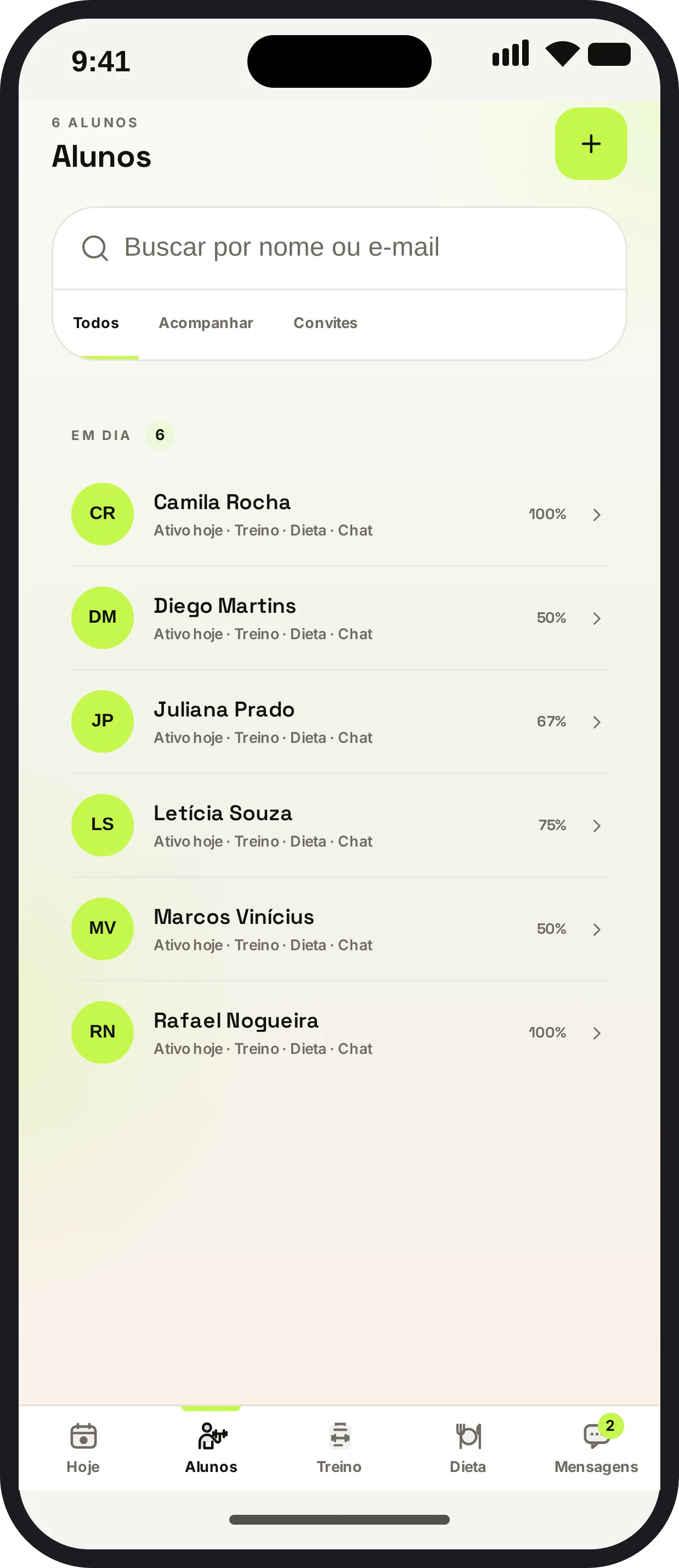 Lista de alunos no vte personal, com adesão de cada um e o que já foi entregue