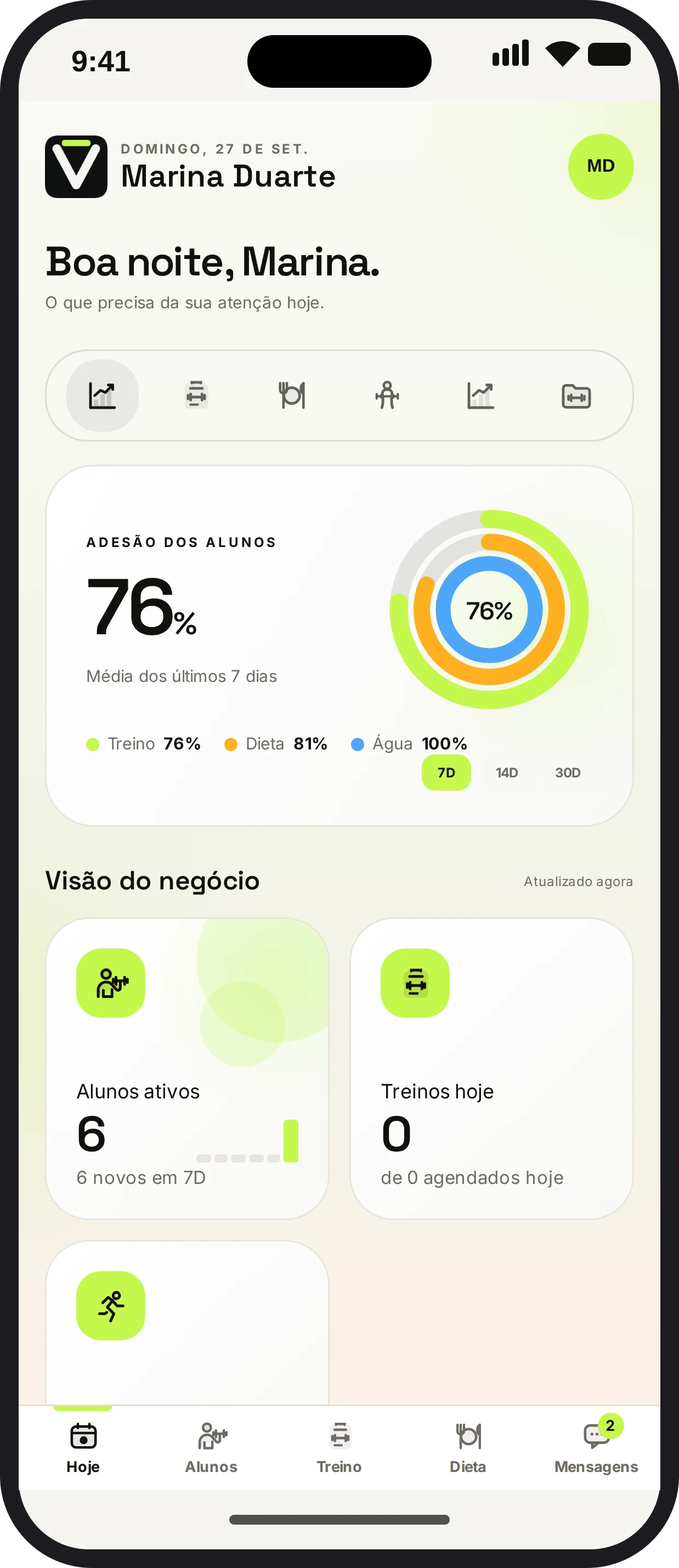 Tela inicial real do vte personal com adesão dos alunos, alunos ativos e treinos do dia